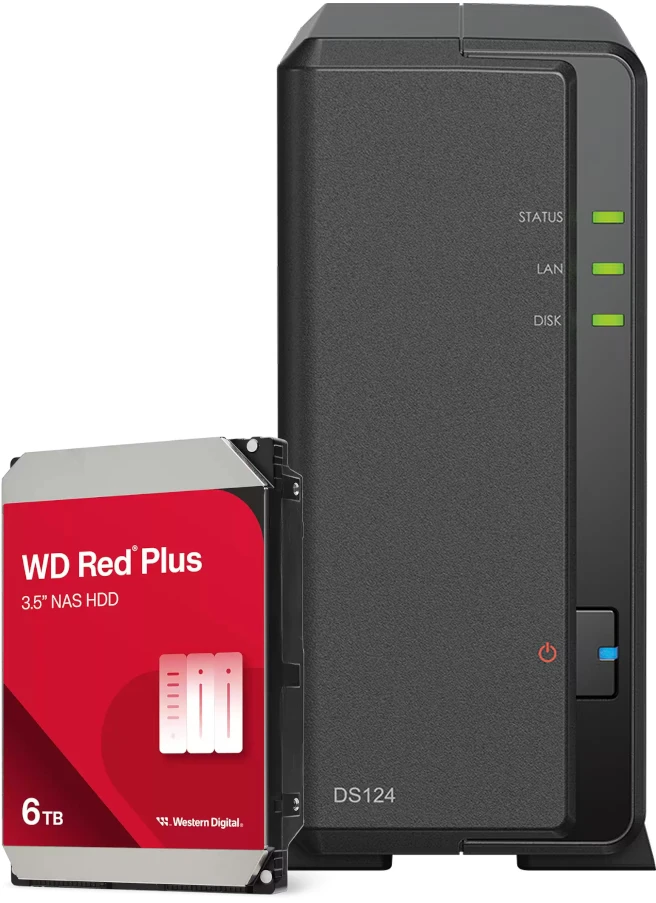 Serveris Synology DS124 6TB WD Raudona Plus NAS-Bundle NAS inkl. 1x 6TB WD Raudona Plus 3.5 col. SATA HDD