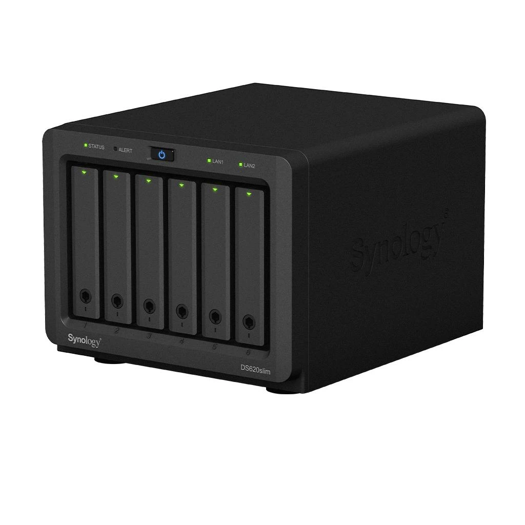 Serveris „Synology Tower NAS DS620slim“ iki 6 HDD / SSD karšto keitimo, „Celeron J3355“ dviejų branduolių, procesoriaus dažnis 2 GHz, 2 GB, DDR3L, RAID 0,1,5,6,10, hibridinis, 2 x 1 GbE, 2 x USB 3.2 1 kartos prievadas, vienas ventiliatorius