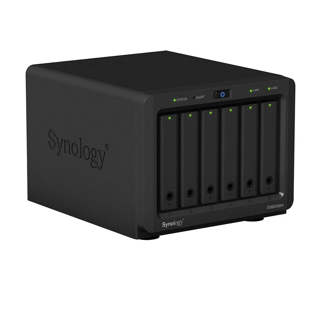Serveris „Synology Tower NAS DS620slim“ iki 6 HDD / SSD karšto keitimo, „Celeron J3355“ dviejų branduolių, procesoriaus dažnis 2 GHz, 2 GB, DDR3L, RAID 0,1,5,6,10, hibridinis, 2 x 1 GbE, 2 x USB 3.2 1 kartos prievadas, vienas ventiliatorius