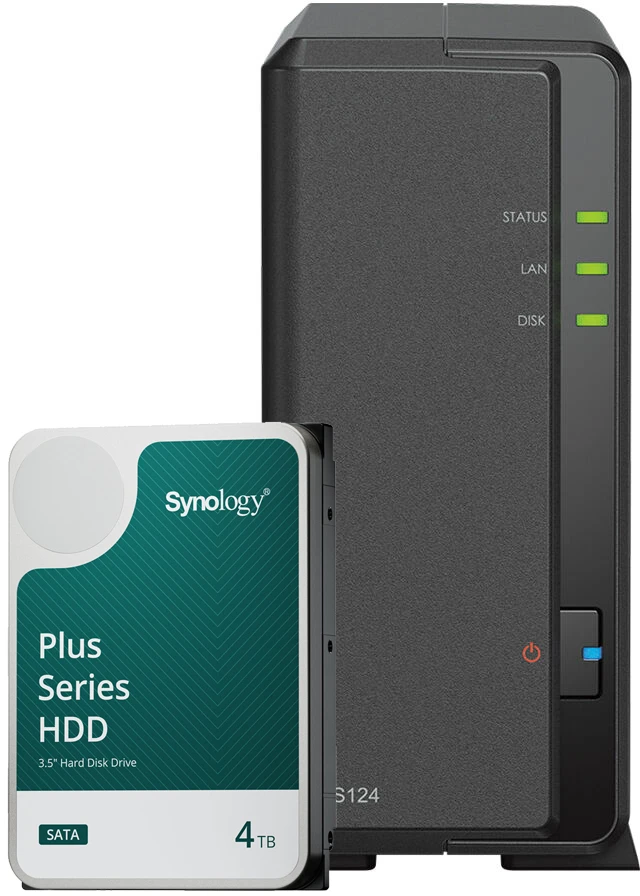 Serveris Synology DS124 4TB Plus HDD NAS rinkinys NAS su 1x 4TB Synology Plus HDD 3,5 colio SATA