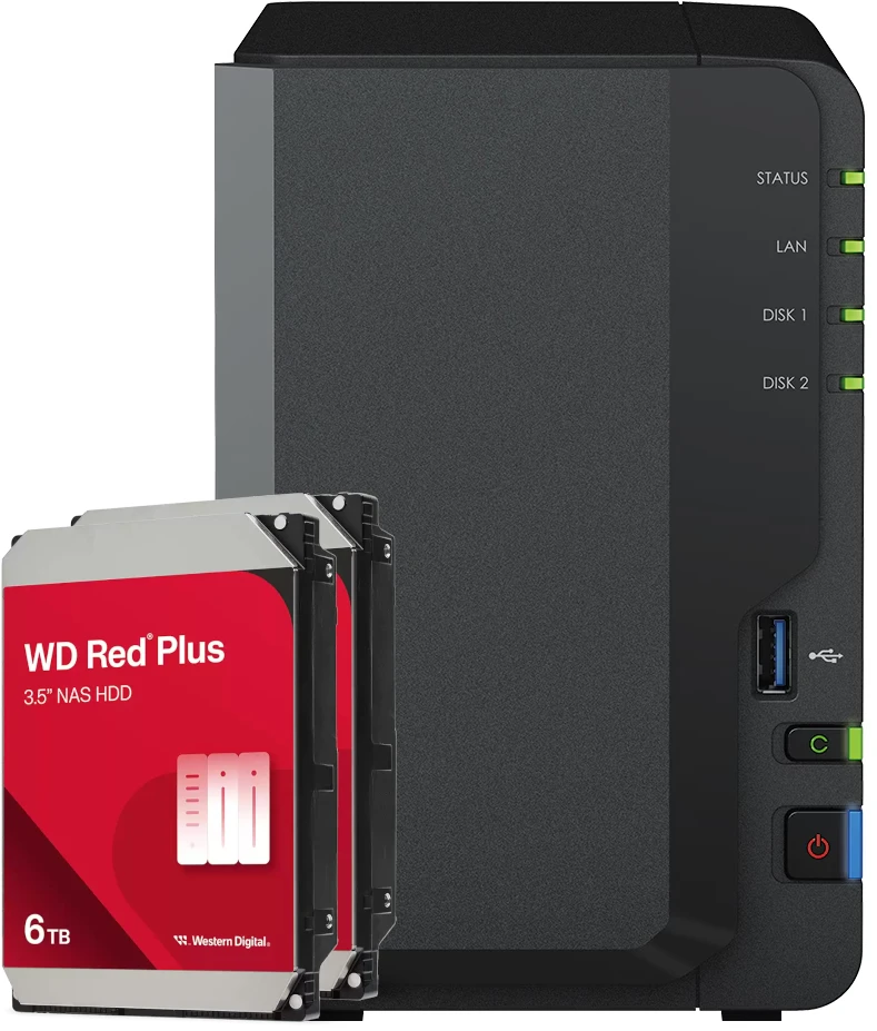 Serveris Synology DS223 12TB WD Raudona Plus NAS rinkinys NAS, įskaitant 2x 6TB WD Raudona Plus 3,5 colio SATA kietąjį diską