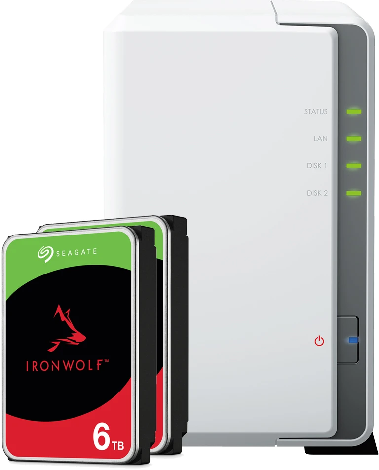 Serveris Synology DS223j 12TB Seagate IronWolf NAS rinkinys NAS, įskaitant 2x 6TB Seagate IronWolf s 3,5 colio SATA kietąjį diską