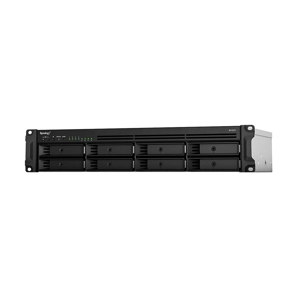 Serveris SYNOLOGY RS1221RP+ 8 skyrių NAS-Rackmount AMD Ryzen V1500B keturių branduolių 2,2 GHz 4GB DDR4 iki 32GB RJ-45 4x1GbE 2xUSB 3.2 1xeSATA