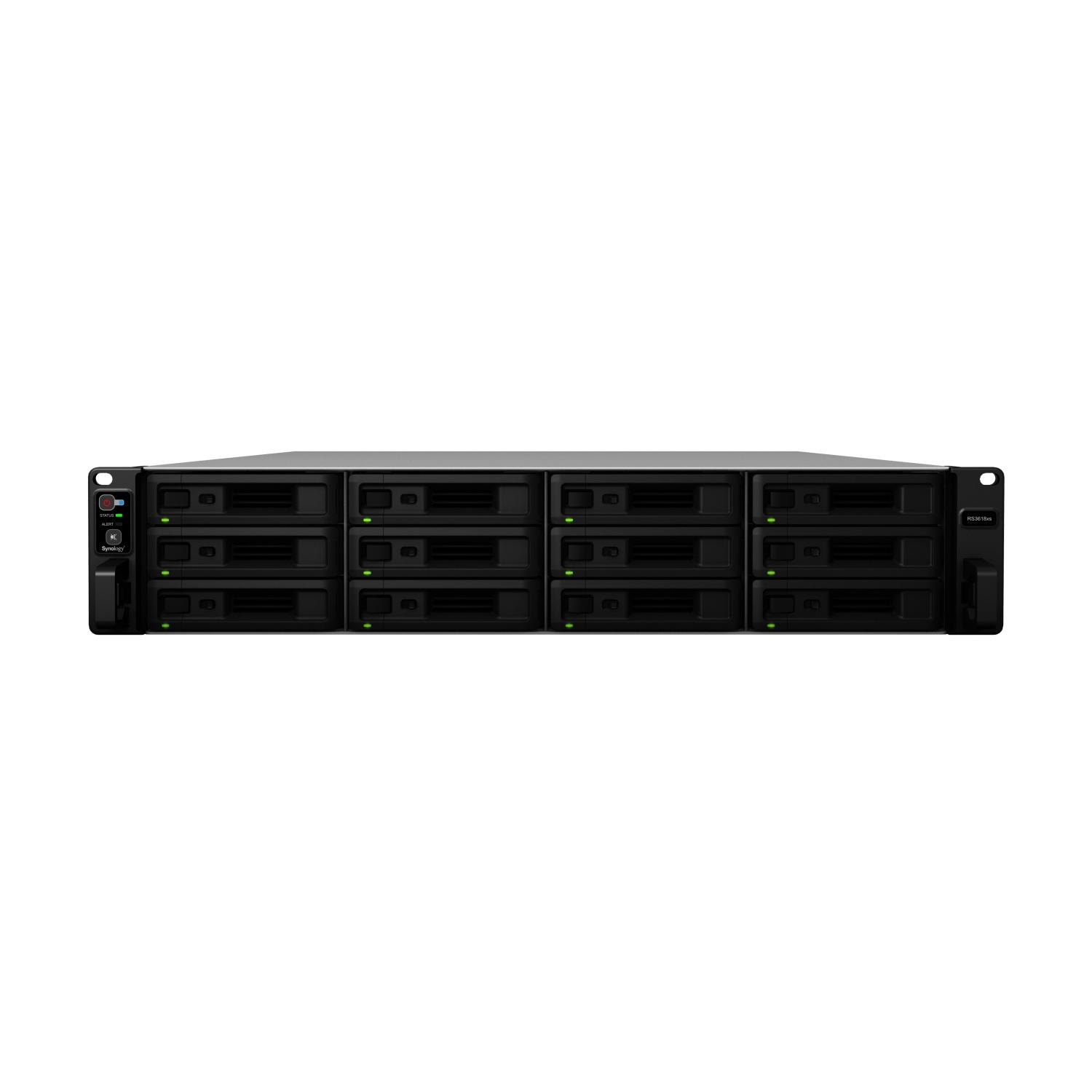 Synology Rack NAS RS3618xs iki 12 HDD/SSD su karštuoju keitimu, Xeon D-1521 keturių branduolių, procesoriaus dažnis 2,4 GHz, 8 GB, DDR4, RAID 0, 1, 5, 6, 10, hibridinis, 4 x 1GbE, 2 x USB 3.2 Gen 1 prievadai, 2 x išplėtimo prievadai, 2 x PCIe, keturi ventiliatoriai