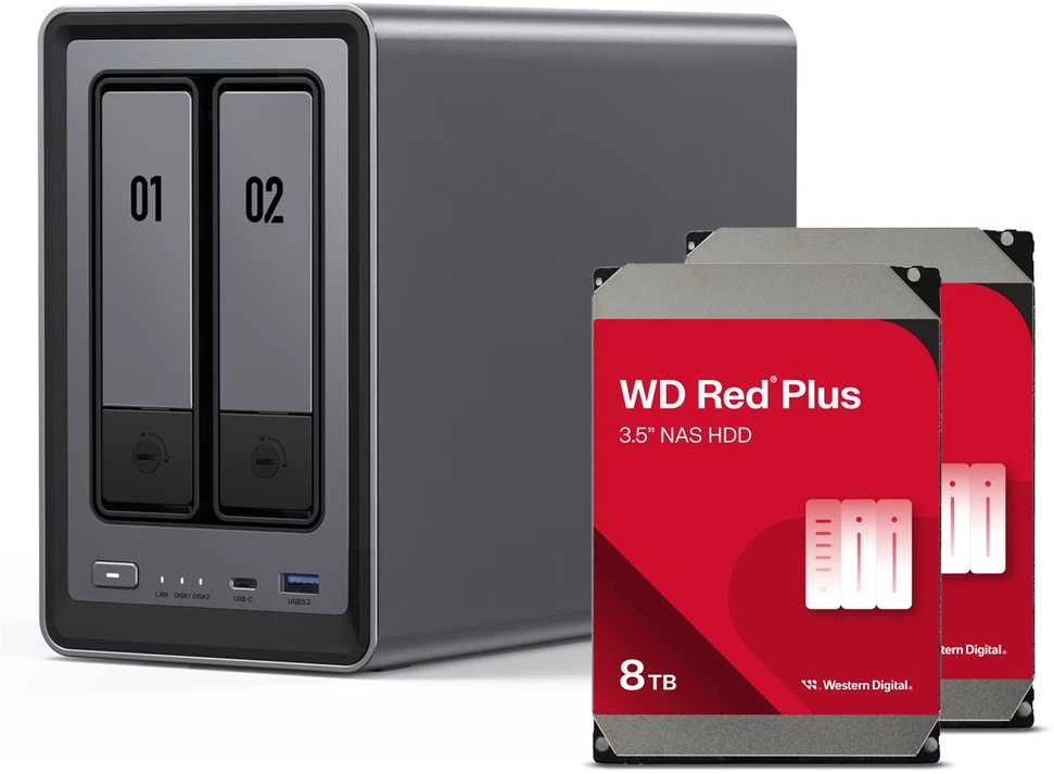 Serveris „UGREEN DXP2800 16TB WD Raudona Plus NAS“ rinkinys, NAS su 2 x 4 TB WD Raudona Pro 3,5 colio SATA kietaisiais diskais
