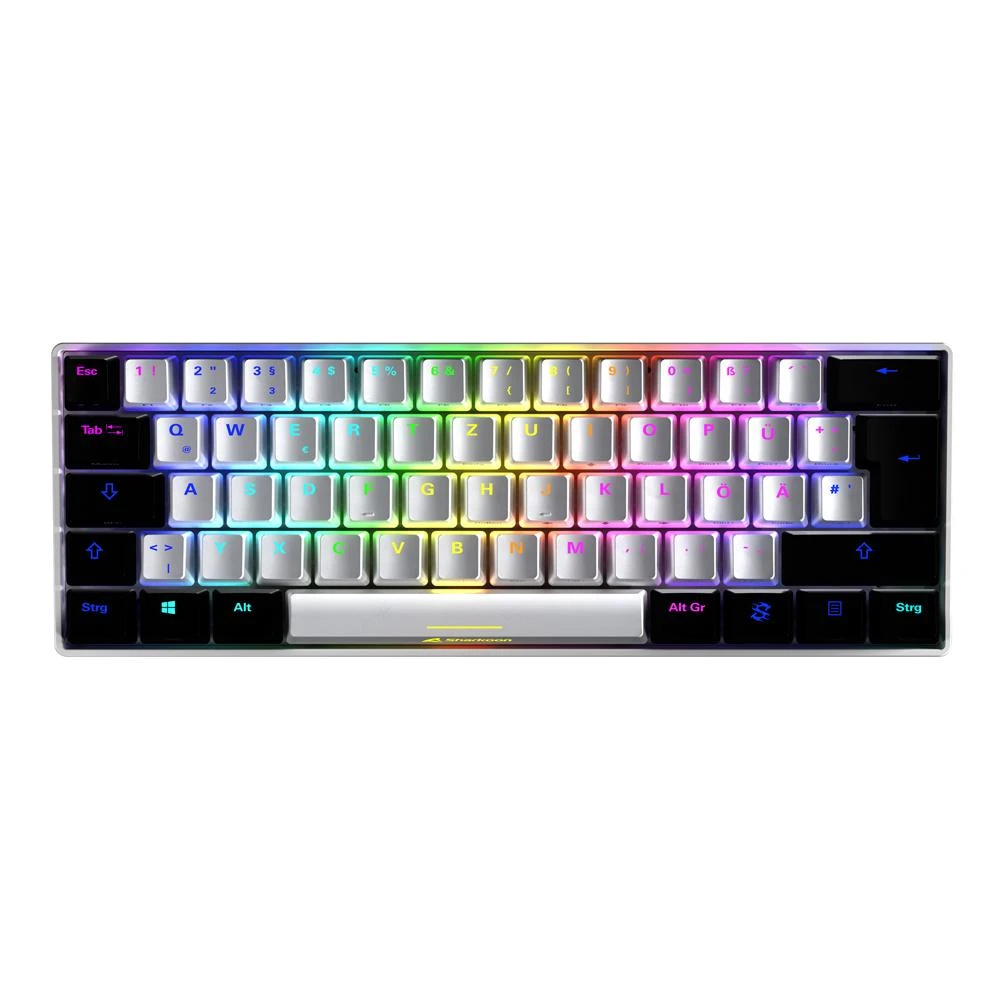 Sharkoon SKILLER SGK50 S4 žaidimų klaviatūra su raudonais jungikliais - 60% išdėstymas, raudoni hot-swap jungikliai, RGB apšvietimas, QWERTZ išdėstymas, baltas-juodas