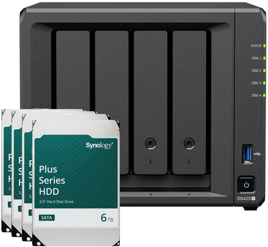 Serveris Synology DS425+ 24TB Plus HDD NAS-Bundle NAS inkl. 4x 6TB Synology Plus HDD 3.5 col. SATA
