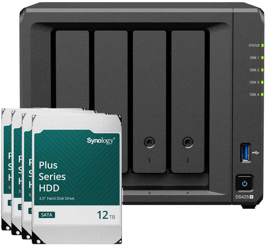 Serveris Synology DS425+ 48TB Plus HDD NAS-Bundle NAS inkl. 4x 12TB Synology Plus HDD 3.5 col. SATA