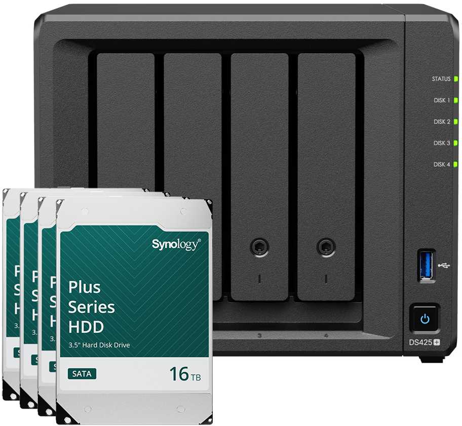 Serveris Synology DS425+ 64TB Plus HDD NAS-Bundle NAS inkl. 4x 16TB Synology Plus HDD 3.5 col. SATA