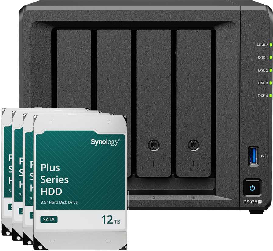Serveris „Synology DS925+ 48TB Plus“ HDD NAS rinkinys, NAS su priedais. 4 x 12 TB „Synology Plus“ 3,5 colio SATA kietieji diskai
