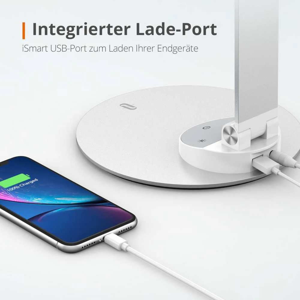 Taotronics Sidabrinis 5 lygių pritemdoma aliuminio LED lempa su 5 spalvų temperatūromis ir USB prievadu