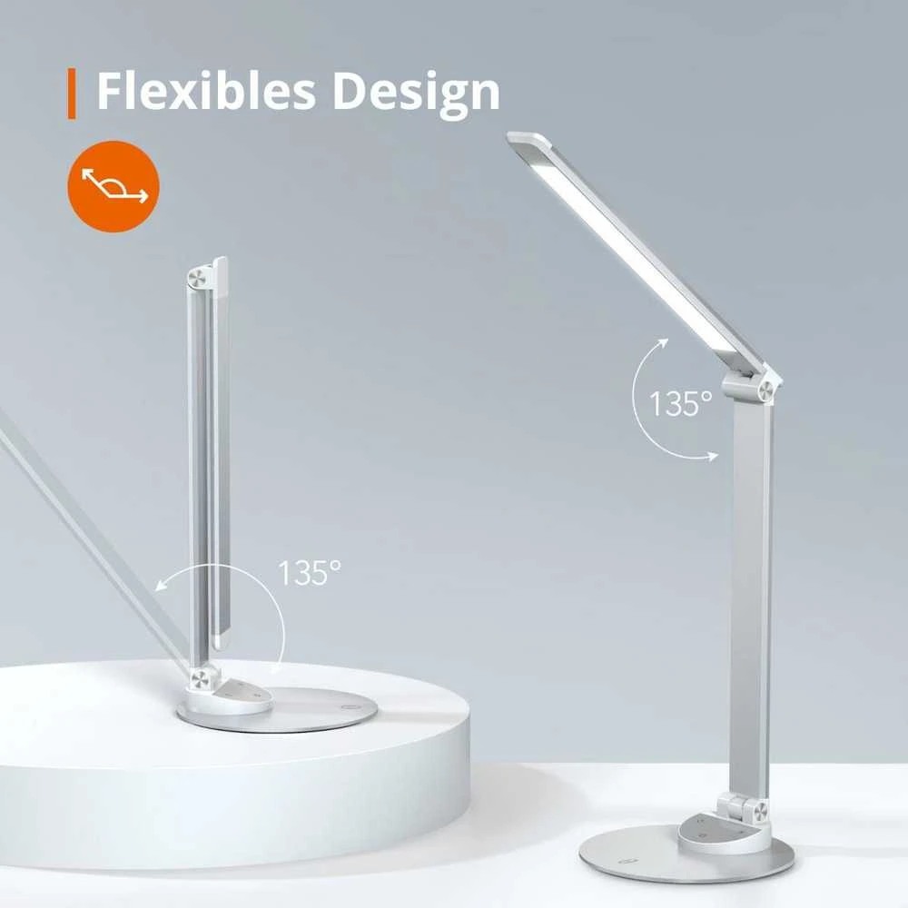 Taotronics Sidabrinis 5 lygių pritemdoma aliuminio LED lempa su 5 spalvų temperatūromis ir USB prievadu