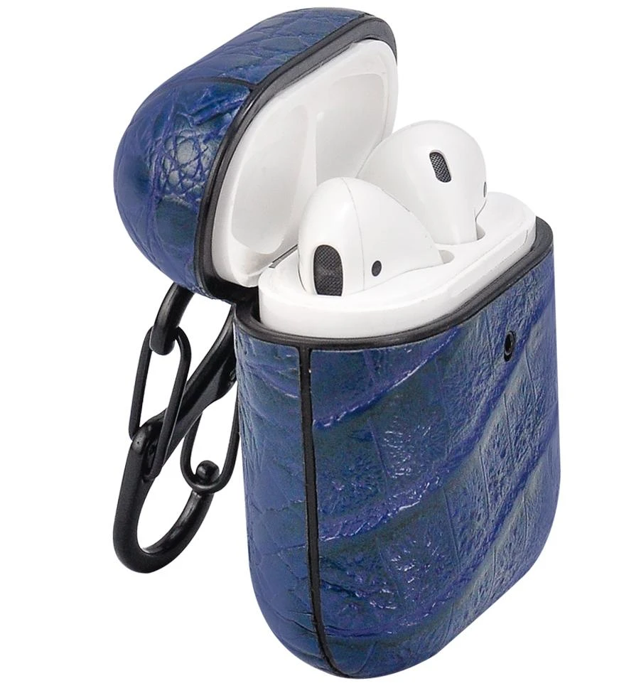 Mėlynas AirPods krokodilo odos dėklas su karabinu