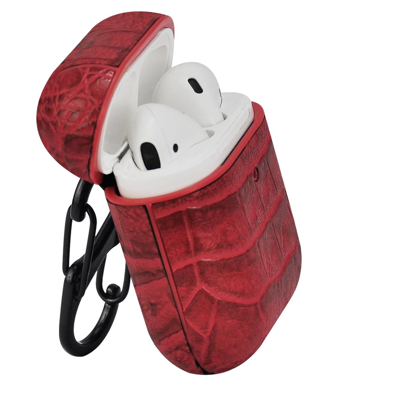 Raudonas krokodilo odos dėklas AirPods su karabinu