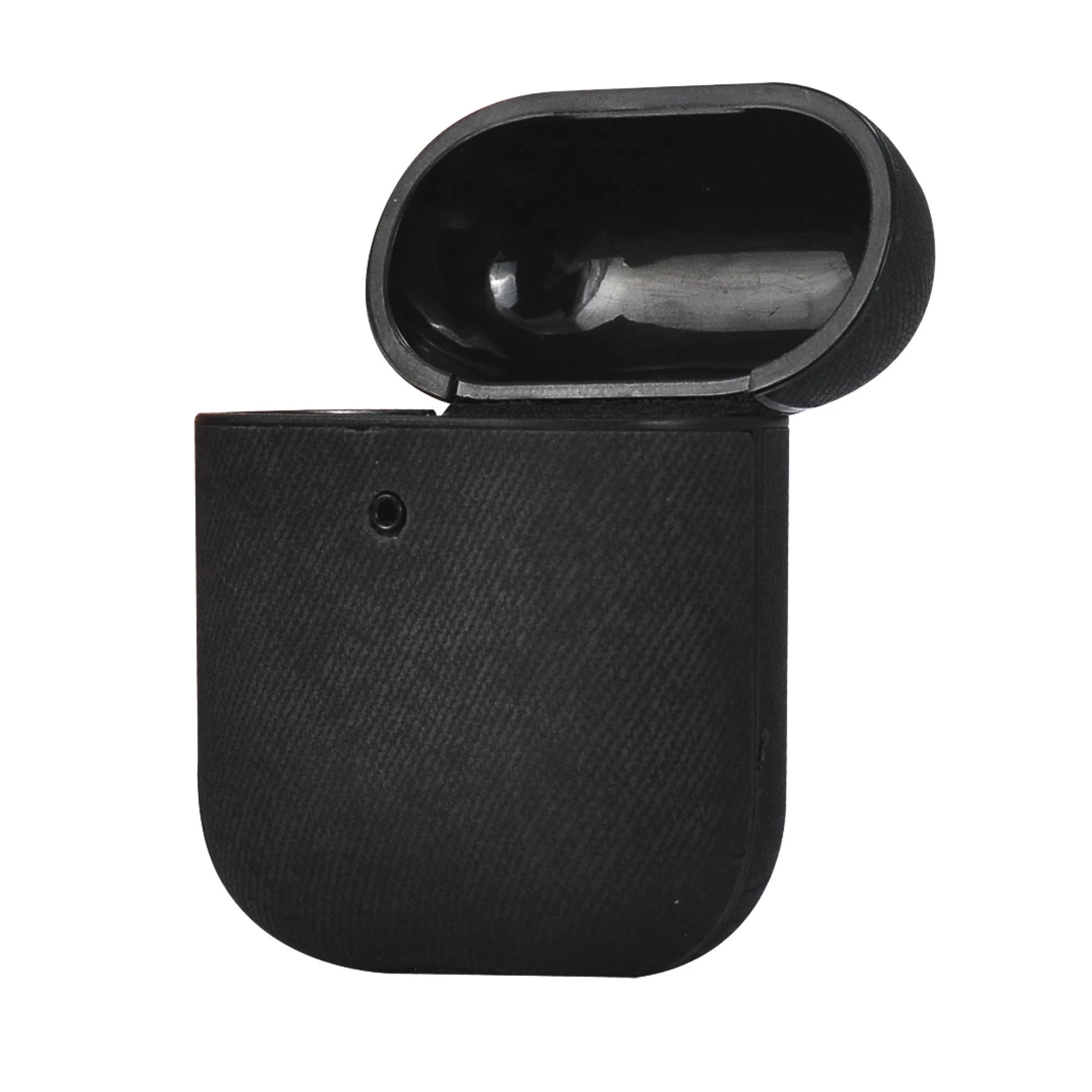 Atidarytas tekstūrinis juodas AirPods dėklas