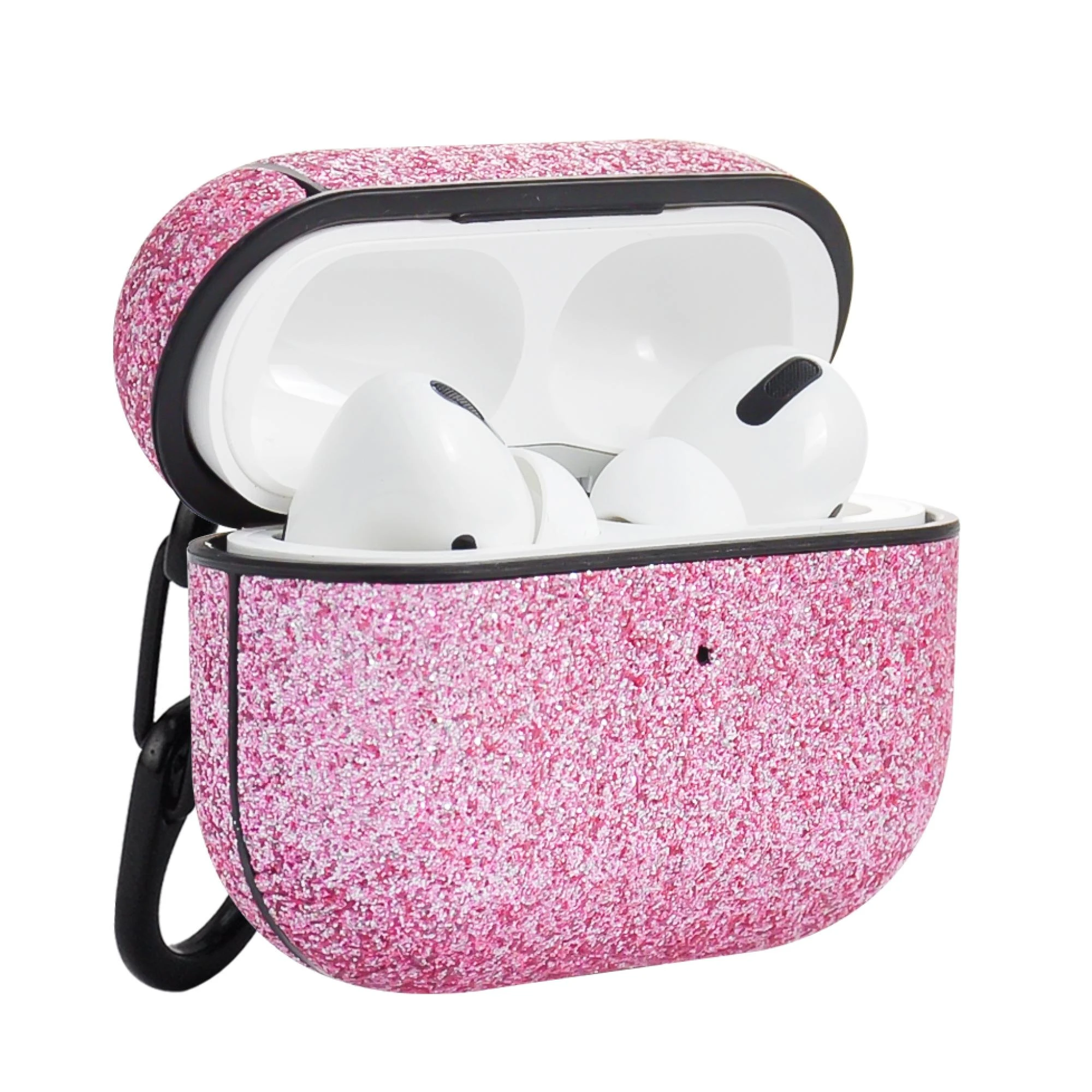 Rožinis blizgantis AirPods Pro dėklas su karabinu