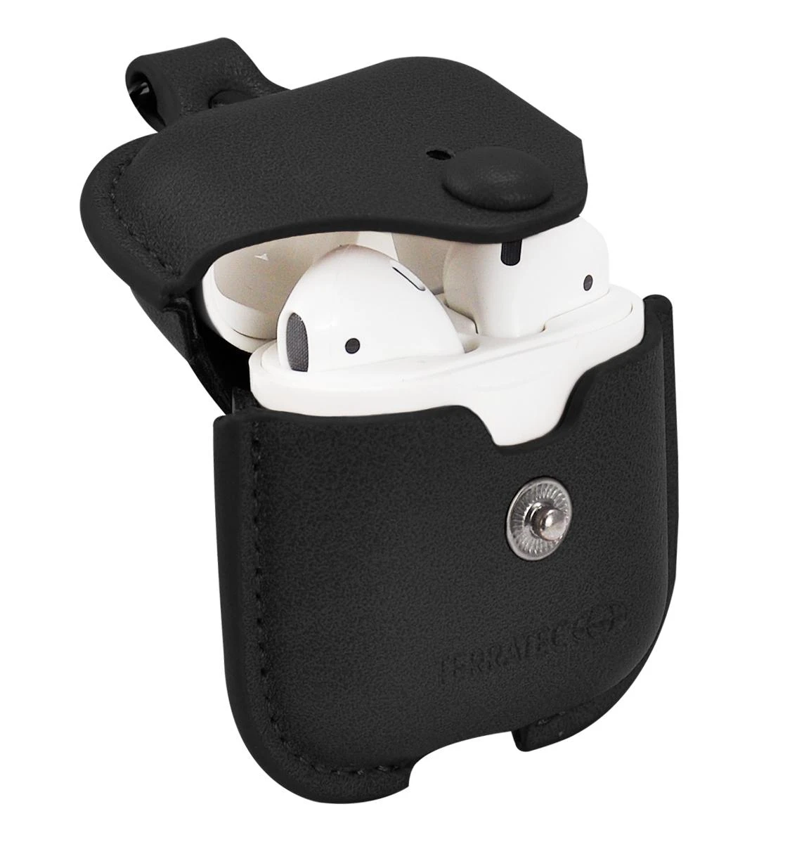 Juodas odinis AirPods dėklas su atverčiamu dangteliu