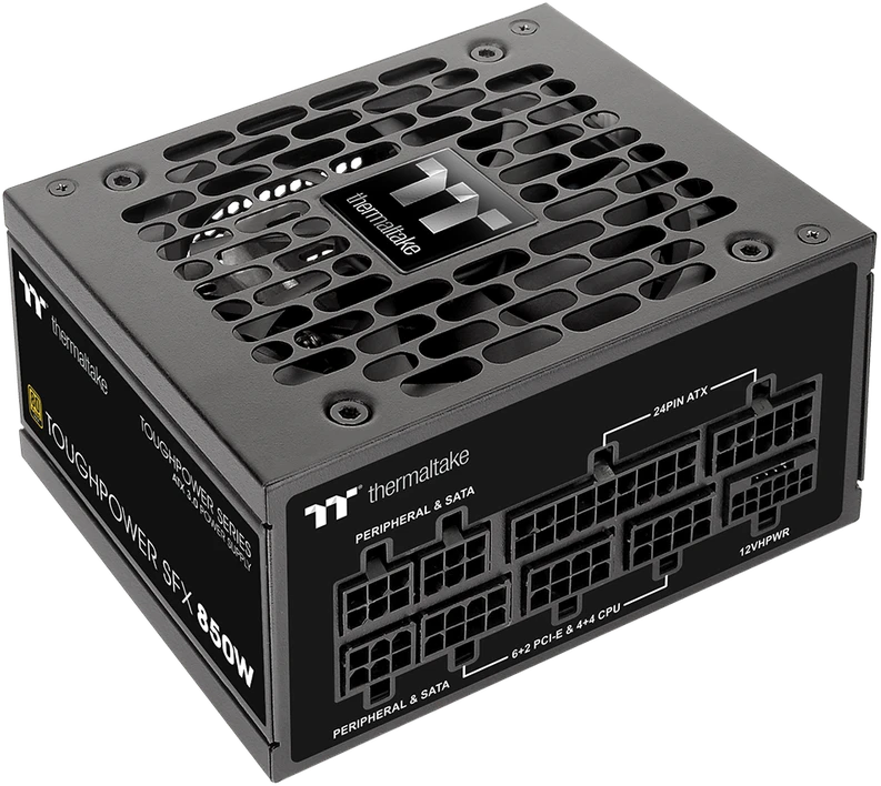 „Thermaltake Toughpower SFX Platinum 850W“, kompiuterio maitinimo šaltinis - juodas, 1x 12VHPWR, 2x PCIe, laidų valdymas, 850 vatų