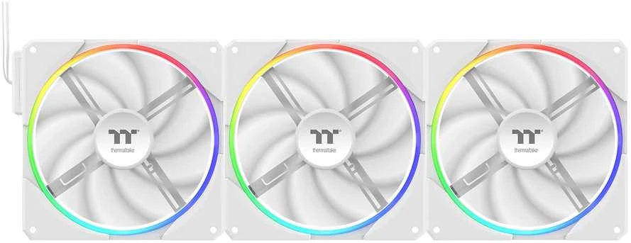 Trys balti Thermaltake 140mm ventiliatoriai su RGB apšvietimu
