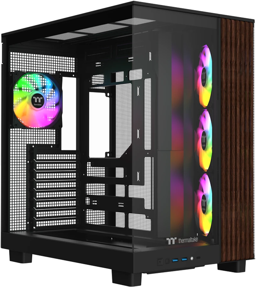 „Thermaltake View 380 XL WS ARGB“, bokšto tipo korpusas - medinis/juodas, 2 grūdinto stiklo plokštės, medinė konstrukcija