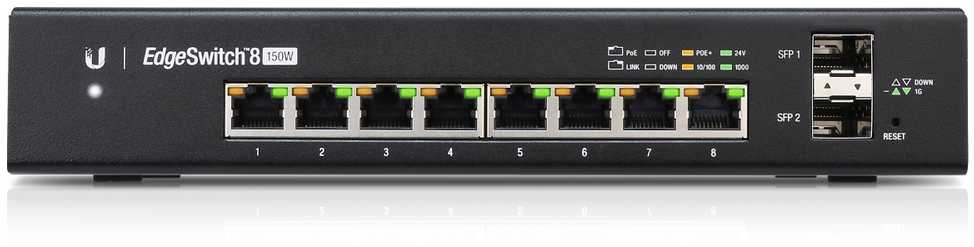 Šakotuvas UBIQUITI ES-8-150W Ubiquiti ES-8-150W 8 prievadų + 2xSFP Gigabit PoE jungiklis 24V/48V 802.3af/802.3at