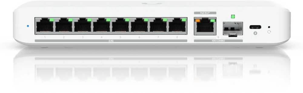 Šakotuvas UBIQUITI FLEX 2.5G LANKSTUSIS, 8 PRIESTŲ 2.5 GBE JUNGIKLIS SU 10 GBE RJ45/SFP+ KOMBINUOTU UPLINK PRIEDAS, GALIMA MAITINTI SU USB-C ARBA POE+ ADAPTERIU