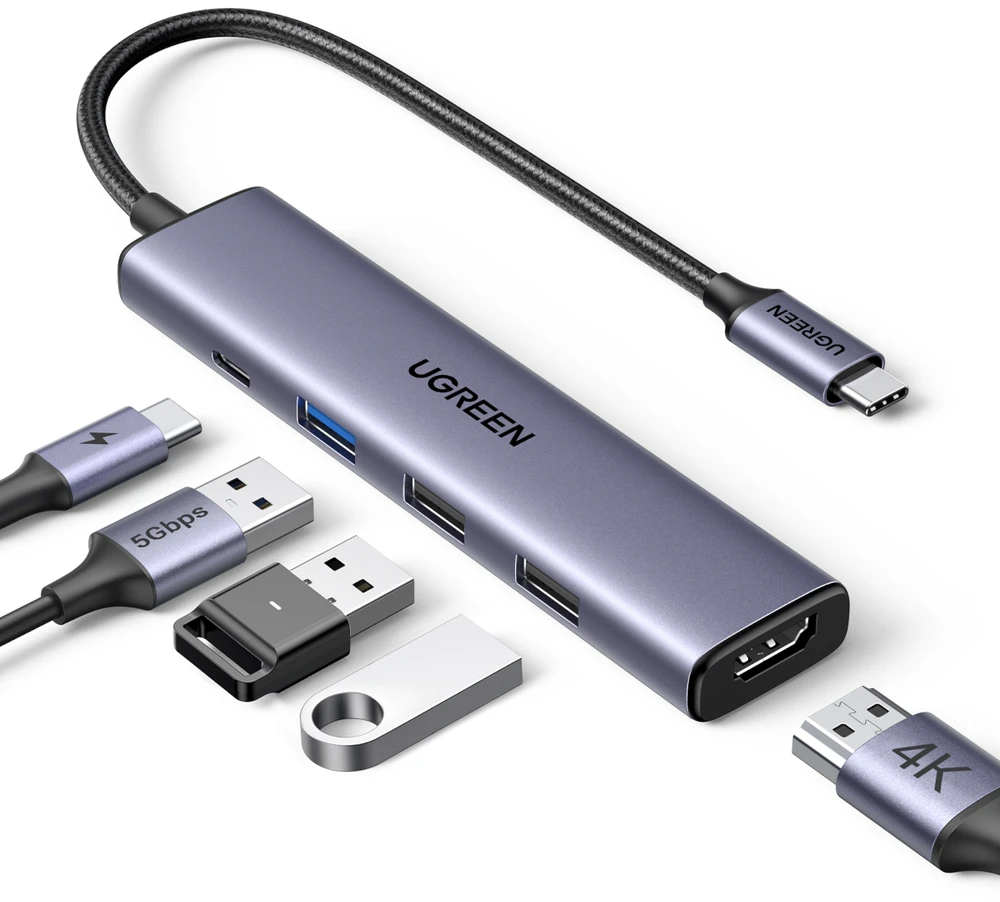Adapteris HUB UGREEN CM478 USB-C prie HDMI, USB-A 3.0, 2x USB-A 2.0, PD