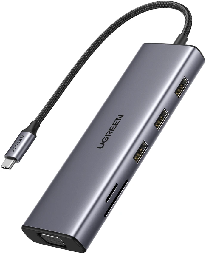 Adapteris 10w1 UGREEN Revodok CM498 Hub USB iki 3x USB-A 3.0, HDMI, VGA, RJ45, SD/TF, AUX3.5mm, PD keitiklis