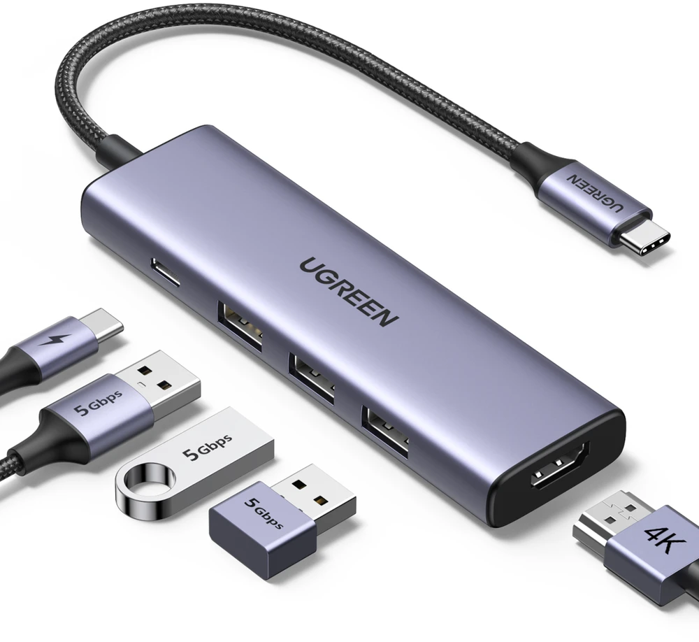 Adapteris Ugreen CM511 USB-C to HDMI 1.4 + 3xUSB-A + USB-C PD100W pilkas