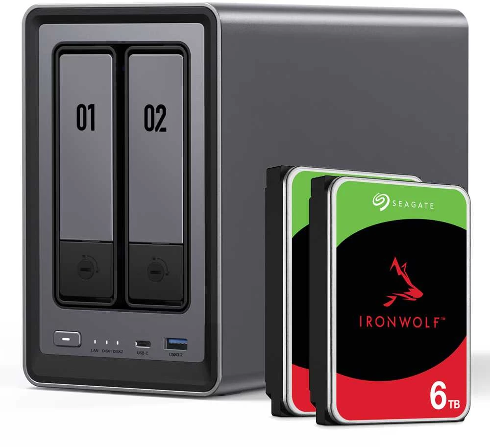 Serveris „UGREEN DXP2800 12TB Seagate IronWolf NAS“ rinkinys, NAS su 2 x 6 TB „Seagate IronWolf“ 3,5 colio SATA kietaisiais diskais