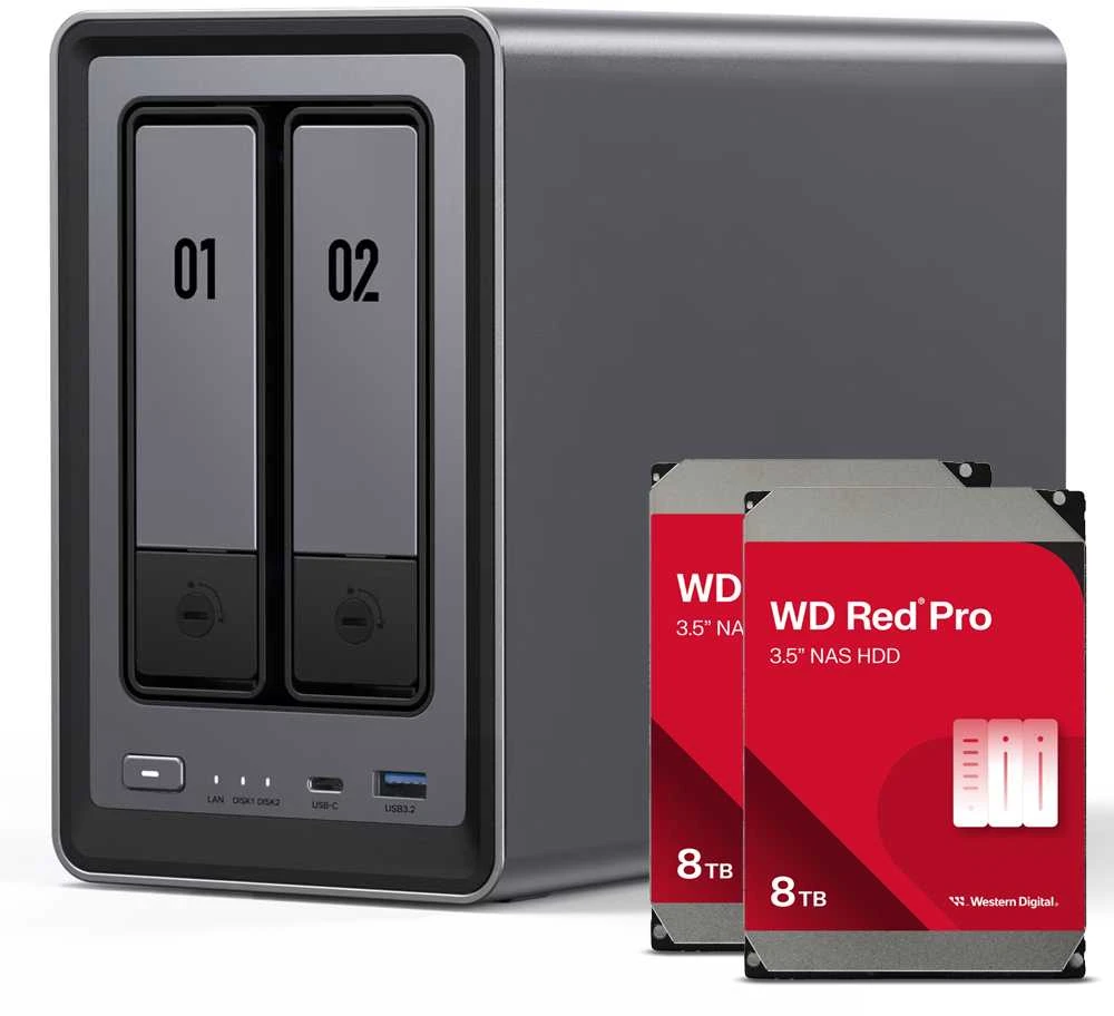 Serveris „UGREEN DXP2800“ 16 TB „WD Raudona Pro“ NAS rinkinys, įskaitant 2 x 8 TB „WD Raudona Pro“ 3,5 colio SATA kietąjį diską