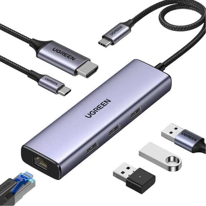 ŠAKOTĖLIS Ugreen CM512 15598 6in1 USB-C – 3x USB-A 3.0 / HDMI / RJ45 / USB-C PD - pilka