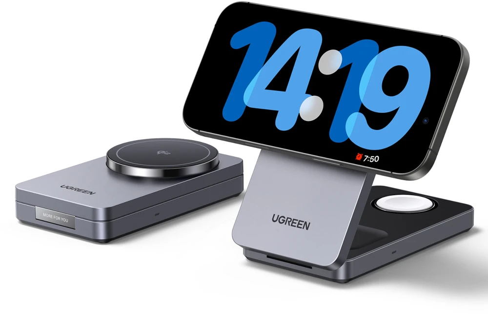 Įkroviklis Ugreen UGREEN W707 3 viename 15 W magnetinis belaidis stalinis įkroviklis, skirtas iPhone, AirPods ir Watch, pilkas
