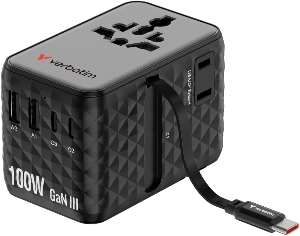 Verbatim kelioninis įkroviklis EU/UK/US GaN 2xUSB-C/2xUSB-A/1xUSB-C PD 100W juodos spalvos 30191