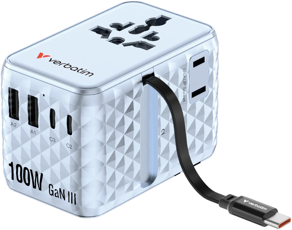 Verbatim kelioninis įkroviklis EU/UK/US GaN 2xUSB-C/2xUSB-A/1xUSB-C PD 100W mėlynos spalvos 30192