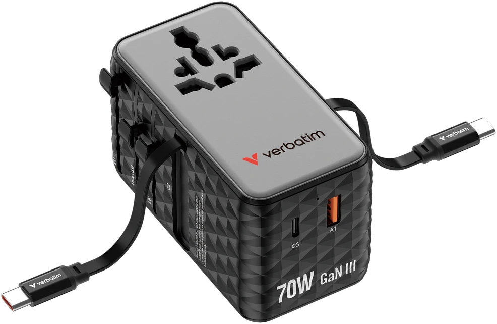 Verbatim kelioninis įkroviklis EU/UK/US GaN 1xUSB-C/1xUSB-A/2xUSB-C PD 70W juodos spalvos 30186