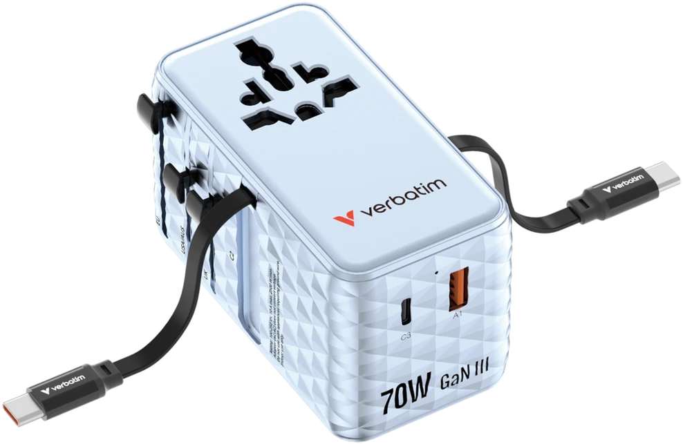 Verbatim kelioninis įkroviklis EU/UK/US GaN 1xUSB-C/1xUSB-A/2xUSB-C PD 70W mėlynos spalvos 30187