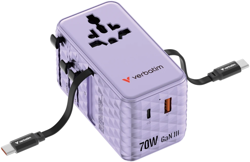 Verbatim Travel Adapteris EU/UK/US GaN 1xUSB-C/1xUSB-A/2xUSB-C PD 70W violetinė 30188