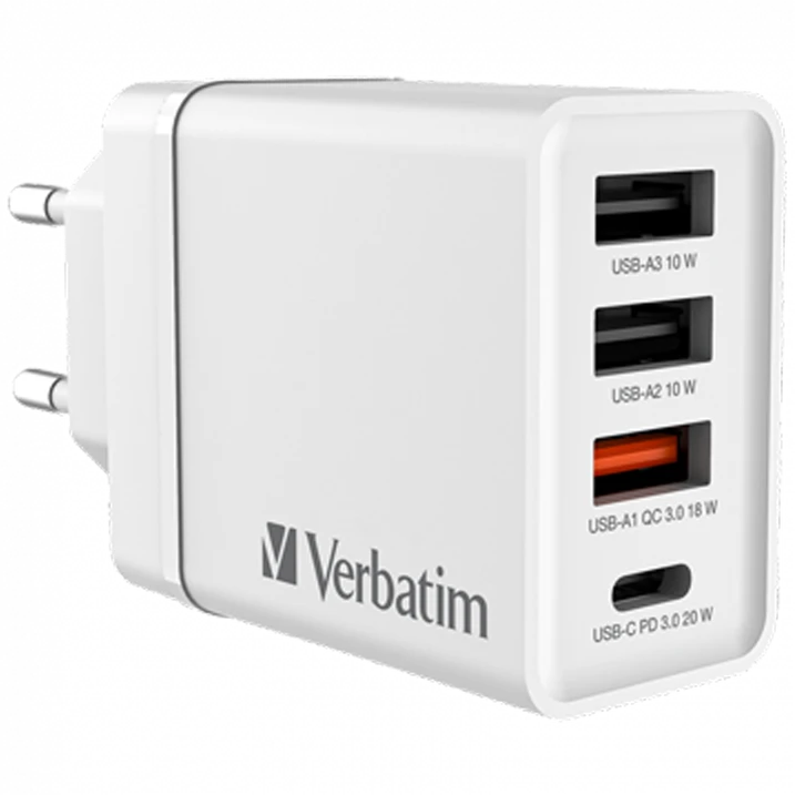 Verbatim 30W Laidinis įkroviklis 3xUSB-A/USB-C PD 3.0 CHR-30EU2 baltos spalvos 49701
