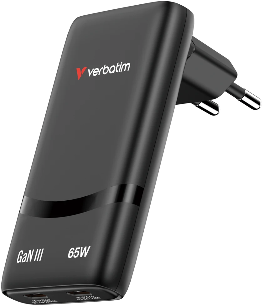 Verbatim GaN kelioninis įkroviklis „Fold ‘n’ Go“ 65W, 2×USB-C PD ES kištukas, Juodas