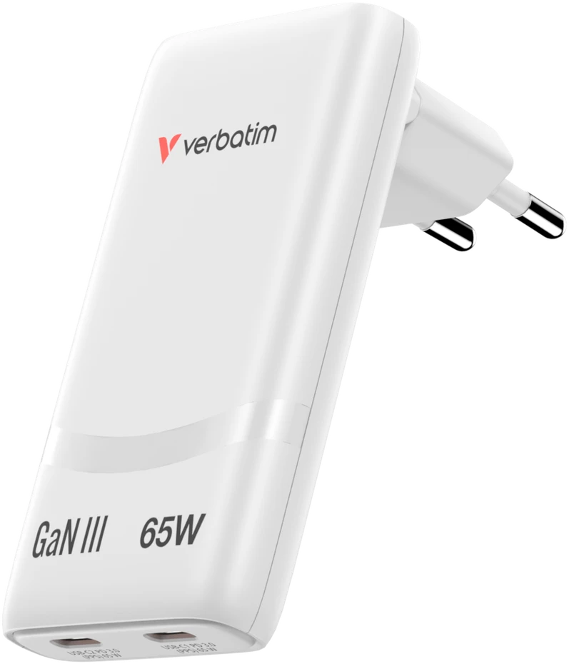 Verbatim GaN kelioninis įkroviklis sulankstomas „n“ Go 65 W, 2 × USB-C PD ES kištukas, Baltas