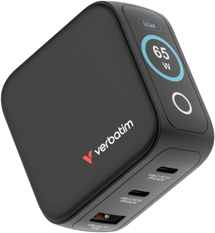 Verbatim Mini GaN mains charger 65W 2xUSB-C PD/1x USB-A QC EU/UK/USA adapter juodos spalvos 30238