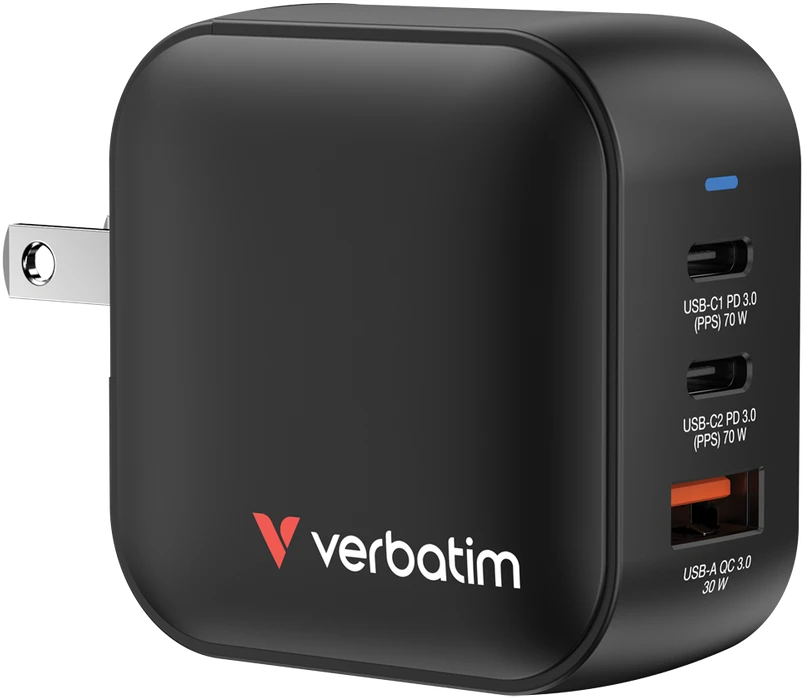 Laidinis įkroviklis Verbatim Mini GaN 70W 2xUSB-C PD/1x USB-A QC juodos spalvos 32229