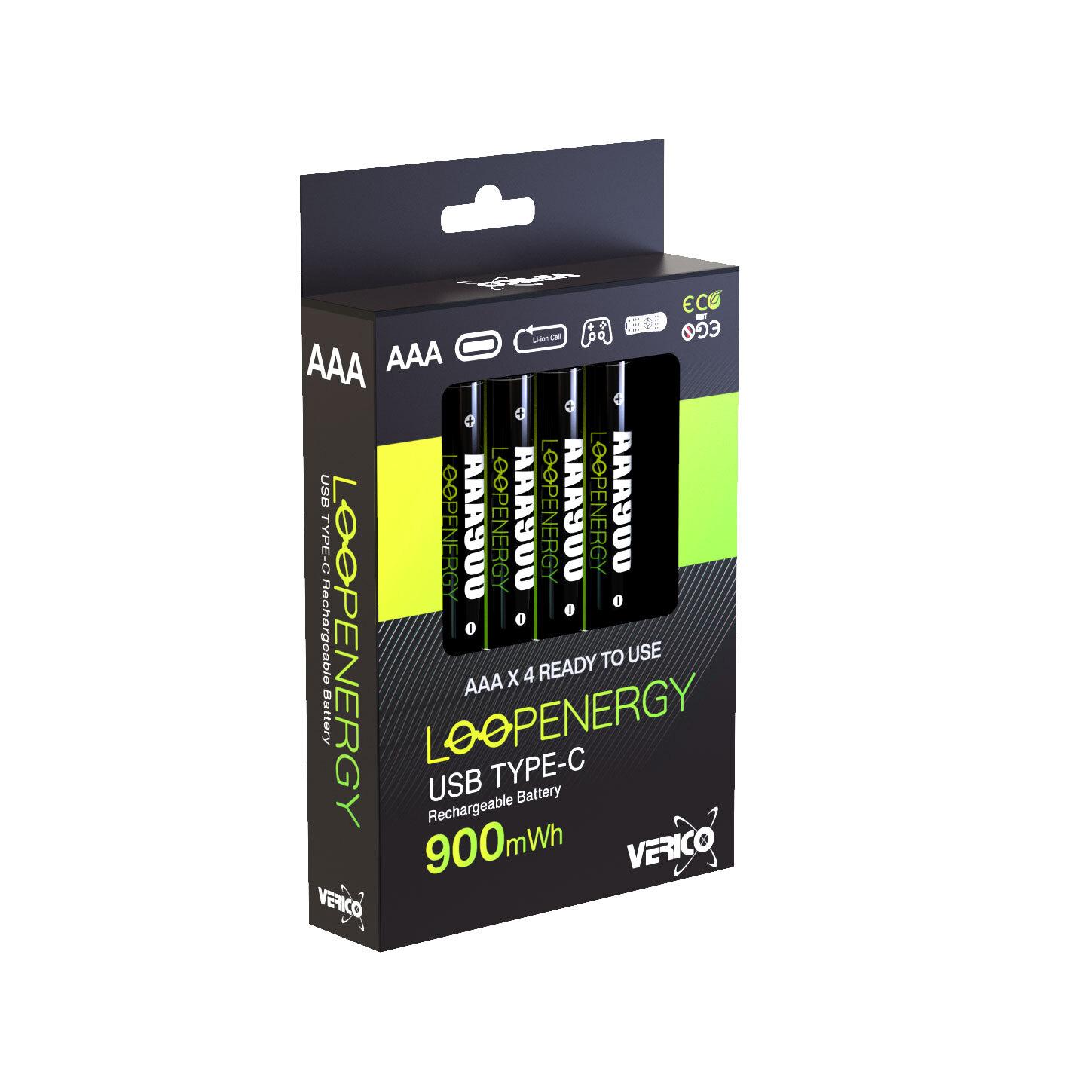 Verico LoopEnergy 4 pakuočių AAA įkraunamos baterijos, įkraunamos per USB-C