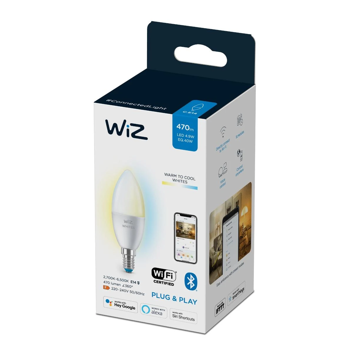 WiZ LED lemputė šalta-šilta balta Žvakė | 4,9 W | 2700-6500K | C37 | E14 | 1 vnt.