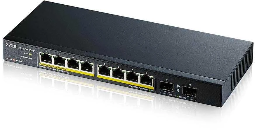 Šakotuvas ZYXEL GS1100-10HPV2, nevaldomas POE 8X gigabitas, 2X šviesolaidinis uplink, 130 vatų POE (5 metų garantija)