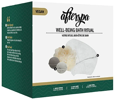 „AfterSpa Well-Being Bath Ritual“ dovanų rinkinys, putojančios vonios bombos, 2 vnt. prausimosi kempinės, plaukų rankšluostis