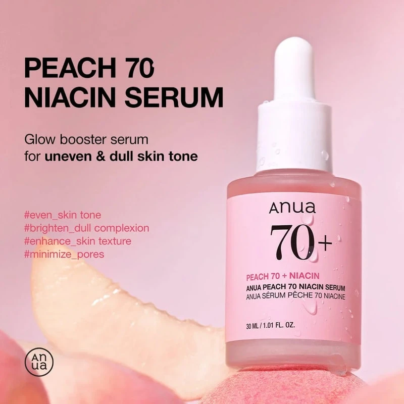 Anua Peach 70 Niacin Serum Šviesinantis veido serumas su persikų ekstraktu ir niacinamidu, 30 ml