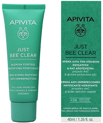 Apivita „Just Bee Clear Blemish Control“ matinį poveikį turintis drėkinamasis gelis-kremas riebiai ir į spuogus linkusiai odai, 40 ml