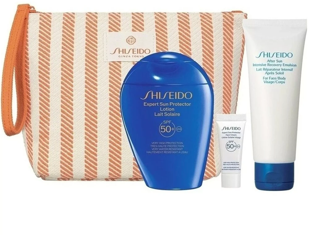 Rinkinys „Shiseido Expert“ apsauginis losjonas nuo saulės SPF50+ 150 ml + „Expert Sun Kreminis“ 5 ml + intensyviai atsinaujinanti emulsija po deginimosi 75 ml + maišelis